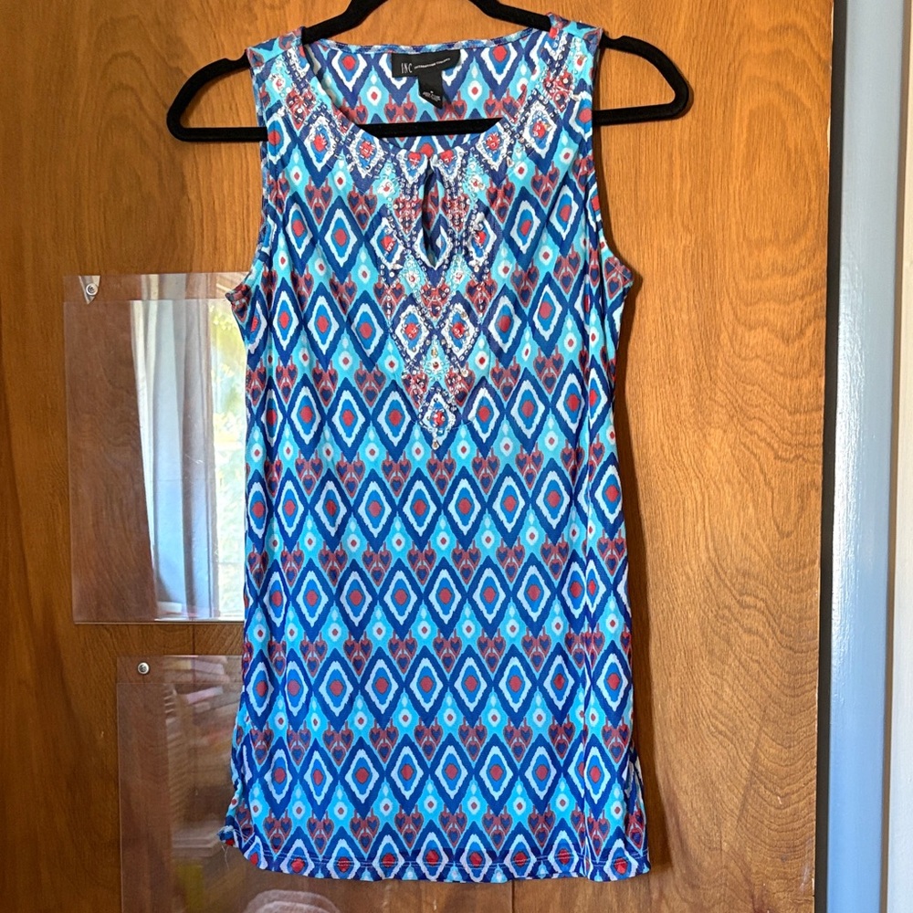INC International Concepts Women’s Blue Diamond Print Beaded Sleeveless Blouse